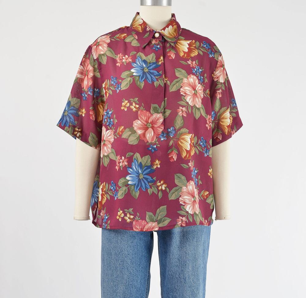 Vintage 90s Burgundy Floral Blouse Sheer Button Up Shirt Cottagecore Top L